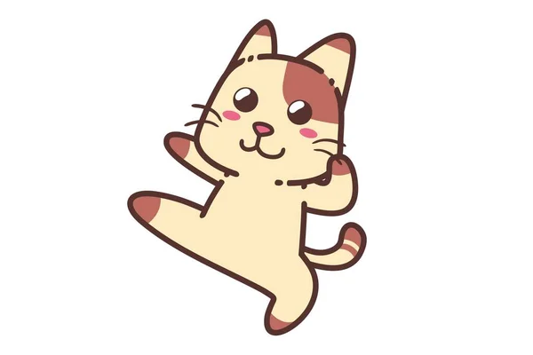 Cute Adorable Happy Brown Cat Sport Fight Kick Pose Active — стоковый вектор