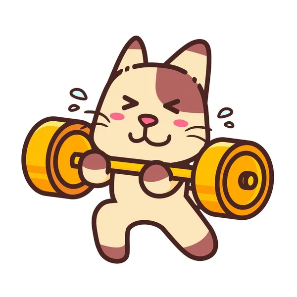 Cute Adorable Happy Brown Cat Angkat Yellow Dumbbell Kartun Vektor - Stok Vektor