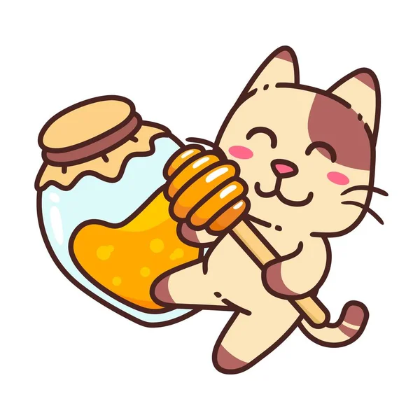 Cute Adorable Happy Brown Cat Eat Honey Cartoon Doodle Vector — Stock Vector