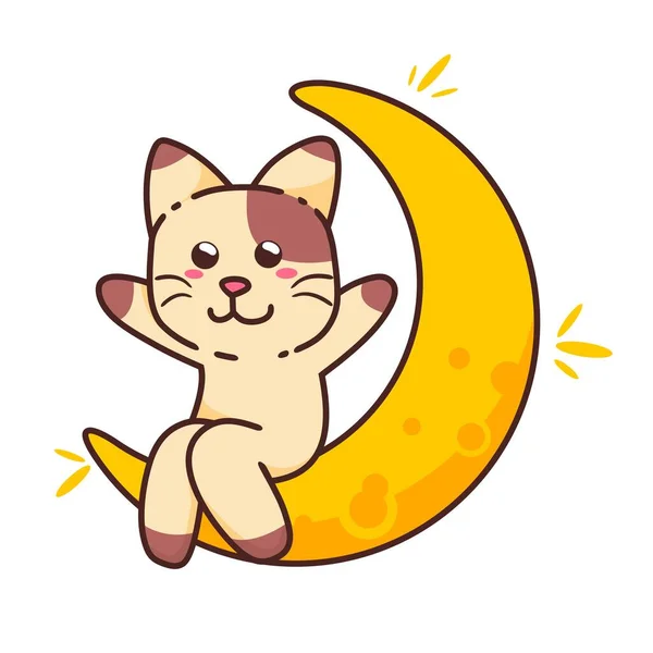 かわいい愛らしいハッピーブラウン猫は三日月形の漫画のドードルのイラストベクトルフラットデザインスタイルに座って — ストックベクタ