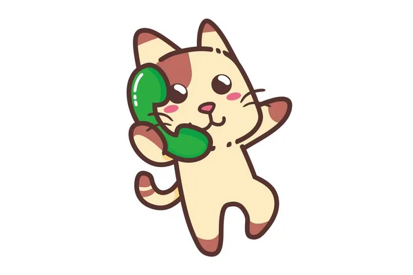 Niedlich Adorable Happy Brown Cat Und Green Telephon Cartoon Doodle — Stockvektor