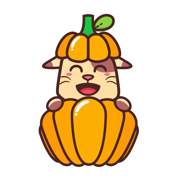 Roztomilé Rozkošné Happy Brown Cat Pumpkin Halloween Holiday Cartoon Doodle — Stockový vektor