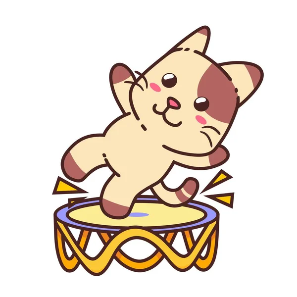 Cute Adorable Happy Brown Cat Jump Trampoline Cartoon Doodle Vector - Stok Vektor