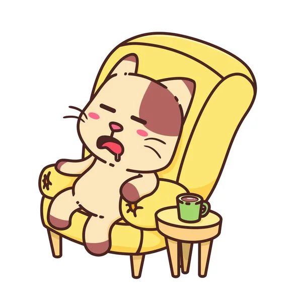 黄色沙发座位上快乐的棕猫睡眠卡通涂鸦矢量图解平面设计风格 — 图库矢量图片