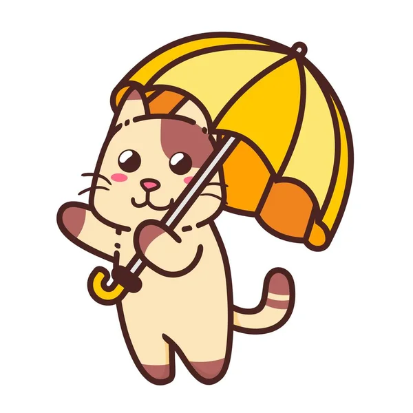 かわいい愛らしいハッピーブラウン猫と黄色の傘キャラクター漫画のドードルベクトルイラストフラットデザインスタイル — ストックベクタ