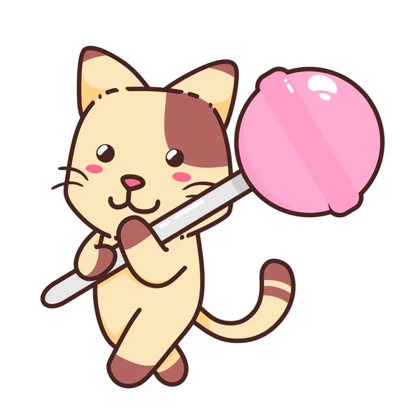 Cute Adorable Happy Brown Cat Eat Pink Lollipop Candy Cartoon - Stok Vektor