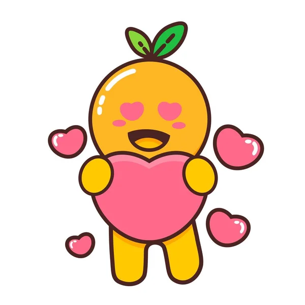 Roztomilý Rozkošný Happy Orange Ovoce Charakter Láska Srdce Karikatura Doodle — Stockový vektor