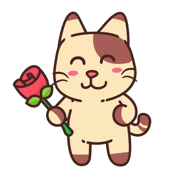 Mignon Adorable Heureux Brun Chat Rose Fleur Dessin Animé Vecteur — Image vectorielle