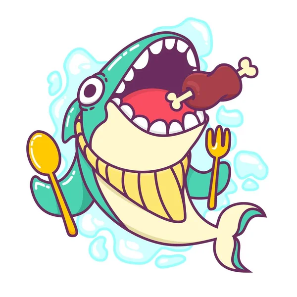Lindo Azul Tiburón Mandíbula Comer Carne Comida Dibujos Animados Doodle — Vector de stock