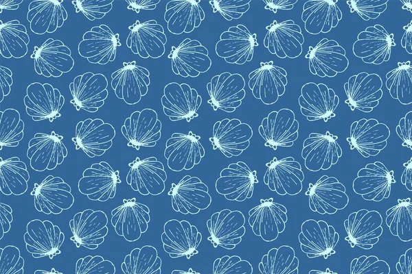 青い海の貝の海の繰り返しシームレスなパターンドアの漫画スタイルの壁紙のイラストベクトル — ストックベクタ