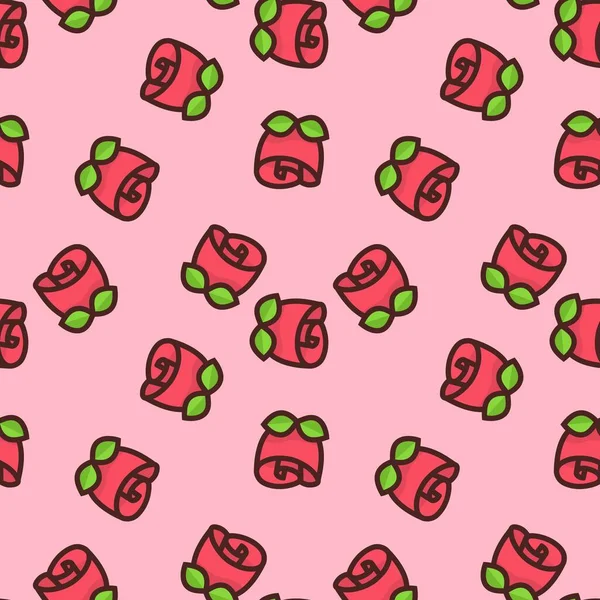 Sweet Red Rose Flower Repeat Seamless Pattern Doodle Cartoon Style — Archivo Imágenes Vectoriales