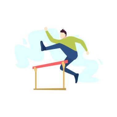 Adam koşuyor ve engellerin üzerinden atlıyor sporcu insanlar karakter düz tasarım vektör çizimi