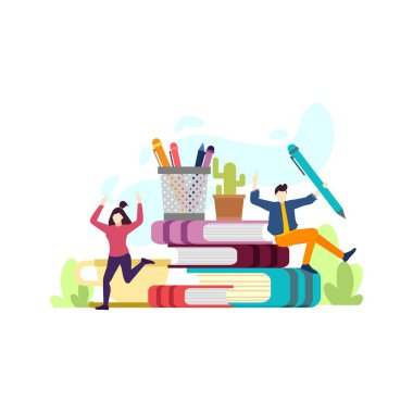 Erkek ve kadın eğitim okuyorlar dev kitap insanları karakter düz tasarım vektör çizimi