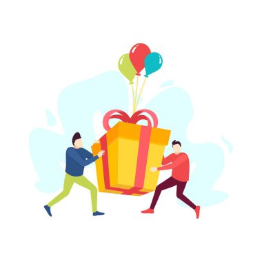 İki adam büyük hediye kutusunu kaldırıyor doğum günü insanları karakter düz tasarım illüstrasyon