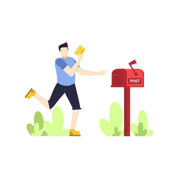 Man Sending Letter Red Mail Box People Character Flat Design — Stockový vektor