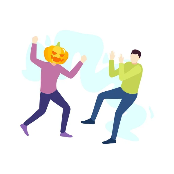 Halloween Man Pumpkin Head Scare Each Other People Character Vector — Stock Vector