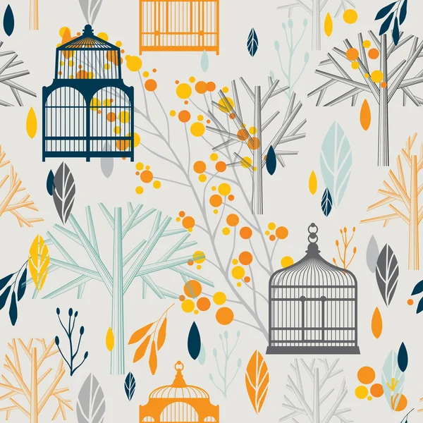 Autumn pattern with vintage birdcages in retro style. — Stock Vector