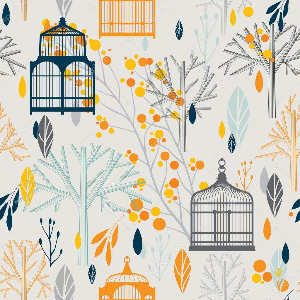 Autumn pattern with vintage birdcages in retro style.