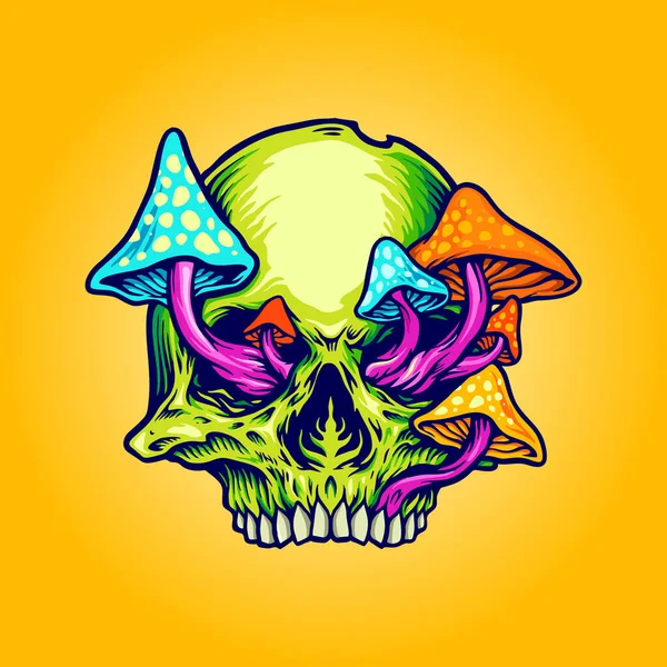 Hoofd Skull Mushrooms Illustraties Vector Voor Werk Merchandise Kleding Lijn — Stockvector