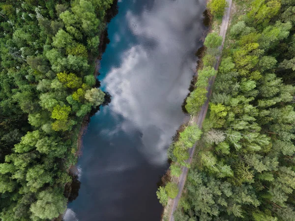 Ormandaki nehrin yukarıdan görünüşü. Vahşi yaşamın güzel panoramik manzarası. Bir İHA 'dan ateş etmek. Duvar kağıdı, ekran koruyucu, kapak.