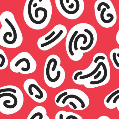 Kusursuz desen. Paketler, ambalajlar, kumaşlar, tekstil tasarımı. Kırmızı arkaplanda beyaz noktalar.