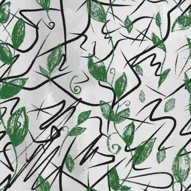 Yaprakların ve buklelerin kusursuz deseni, çatırtılar. Paketleme, arkaplan, tekstil, kumaş, duvar kağıdı tasarımı..