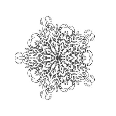 Yılanlar ve bitkilerden oluşan siyah beyaz bir mandala. Dalların, buklelerin, yaprakların şık süsü. Giysi baskısı, tişört tasarımı, kapak resmi.