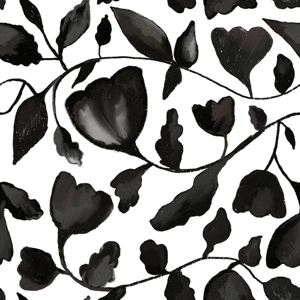 Bezszwowy Czarny Ręcznie Rysowany Wzór Białym Tle Loki Kwiaty Liście — Zdjęcie stockowe