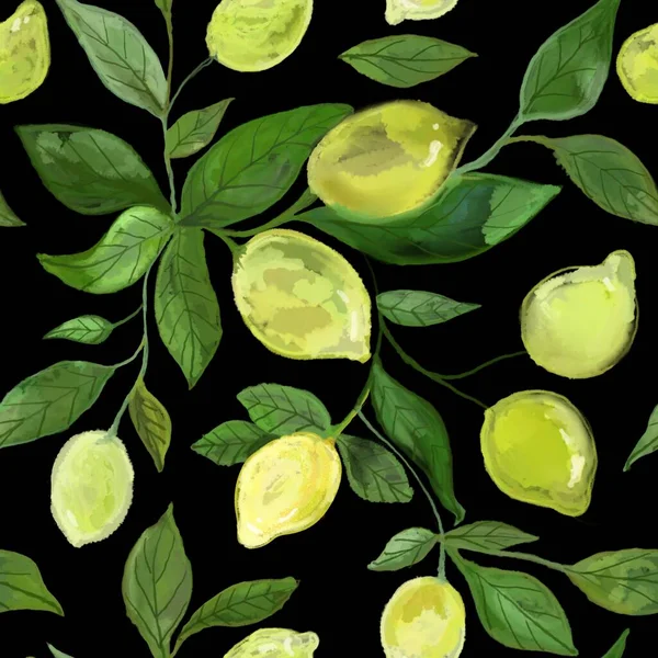 Безшовний Візерунок Жовтих Лимонів Зеленим Листям Чорному Тлі Плоди Намальовані — стокове фото