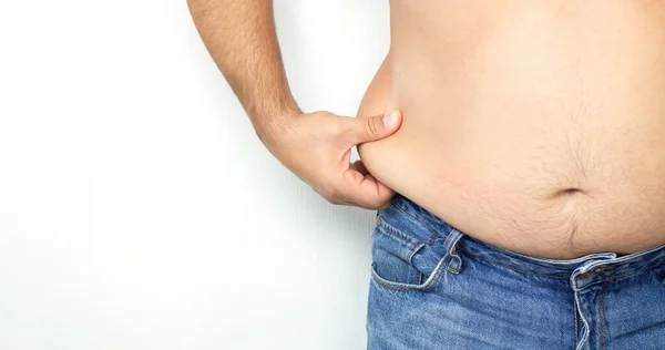 Hombre Obeso Sosteniendo Exceso Grasa Alrededor Cintura Cerca Espacio Para — Foto de Stock