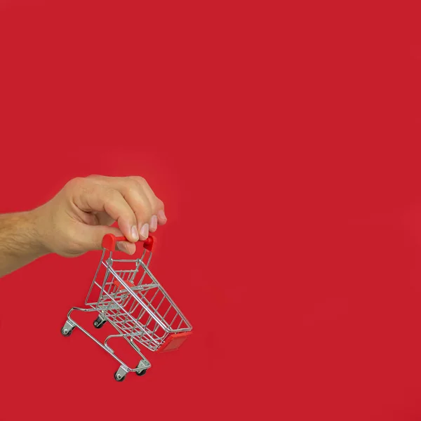 Male Hand Holding Small Shopping Cart Trolley Red Background Online — Stock Photo, Image