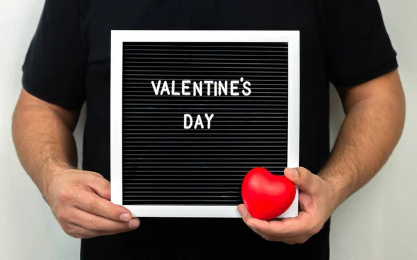 Valentine Day Background Man Holding Red Heart Signboard Text — Stock Photo, Image