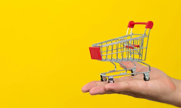 Male Hand Holding Small Shopping Cart Trolley Yellow Background Online — Stock Photo, Image