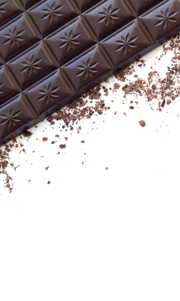 Темный Шоколад Стружками Вид Сверху Изолирован Белом Фоне Вертикальное Фото — стоковое фото