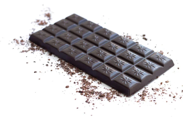 Barra Chocolate Negro Con Virutas Polvo Aislado Sobre Fondo Blanco — Foto de Stock