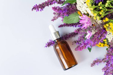 Cam damlatan kahverengi şişe, doğal organik cilt kozmetik konsepti