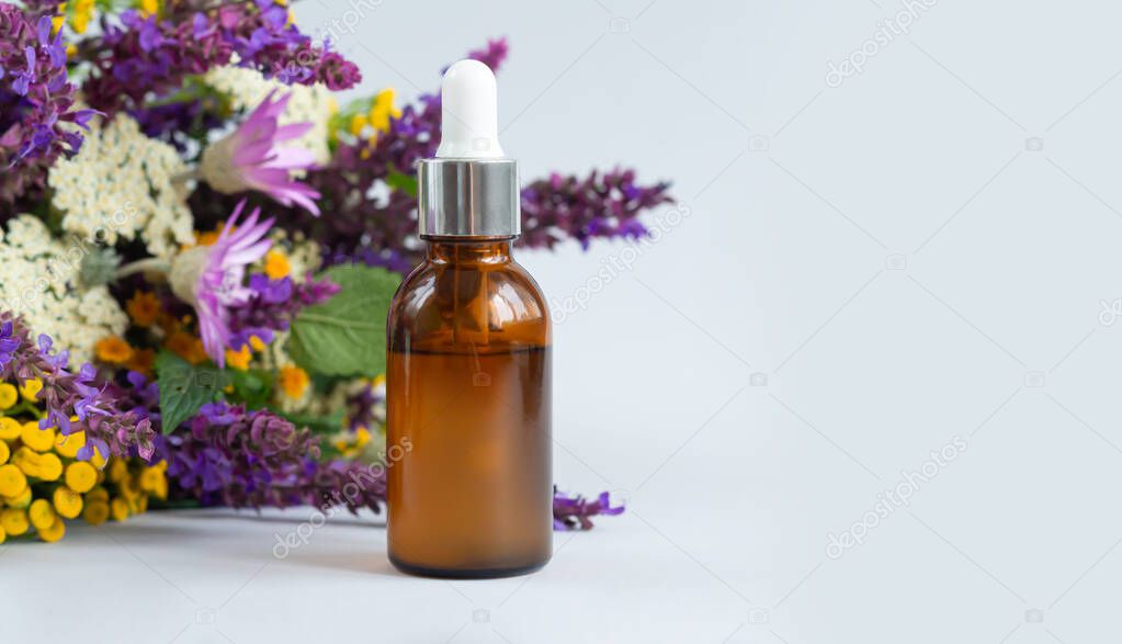 Banner of glass serum dropper bottle, organic skincare cosmetic concept