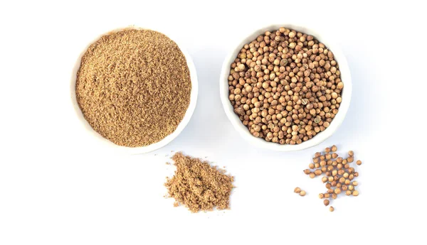 Two Bowls Coriander Seeds Coriander Powder Top View Isolated White — Stock Photo, Image