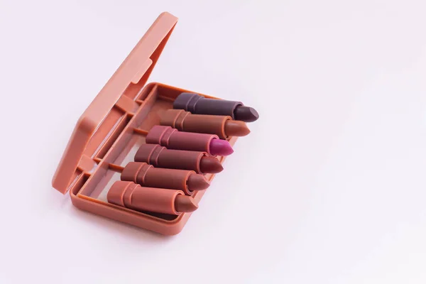 Set Palette Lipsticks Light Pink Background Luxury Cosmetic Product Concept — Stock Photo, Image