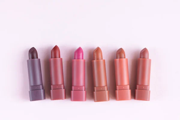 Six Open Colorful Lipsticks Light Pink Background Flat Lay Top — Stock Photo, Image