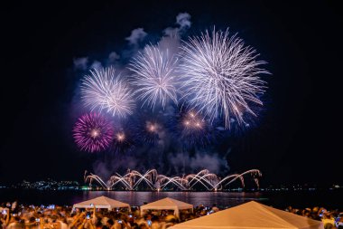 Yeni yılın (Reveillon) gece görüntüleri. Parti, konserler ve havai fişeklerle dolu bir etkinlik. İnsanlar Rio de Janeiro, Brezilya 'da bir plajda meydana gelen patlamaların ışık ve renklerini gözlemliyor.