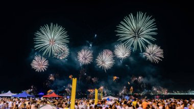 Night images of the arrival of the New Year (Reveillon). Event with party, concerts and fireworks. People observe the lights and colors of the explosions on a beach in Rio de Janeiro, Brazil clipart