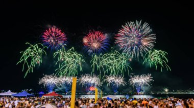 Yeni yılın (Reveillon) gece görüntüleri. Parti, konserler ve havai fişeklerle dolu bir etkinlik. İnsanlar Rio de Janeiro, Brezilya 'da bir plajda meydana gelen patlamaların ışık ve renklerini gözlemliyor.
