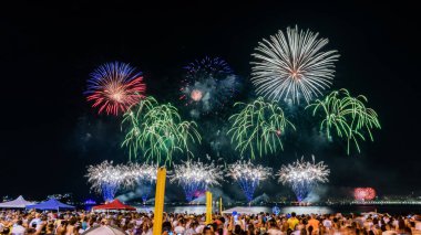 Yeni yılın (Reveillon) gece görüntüleri. Parti, konserler ve havai fişeklerle dolu bir etkinlik. İnsanlar Rio de Janeiro, Brezilya 'da bir plajda meydana gelen patlamaların ışık ve renklerini gözlemliyor.