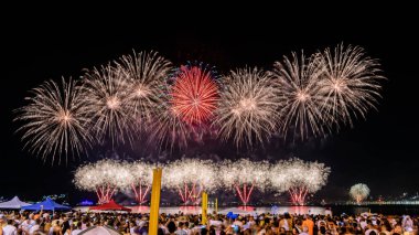 Yeni yılın (Reveillon) gece görüntüleri. Parti, konserler ve havai fişeklerle dolu bir etkinlik. İnsanlar Rio de Janeiro, Brezilya 'da bir plajda meydana gelen patlamaların ışık ve renklerini gözlemliyor.