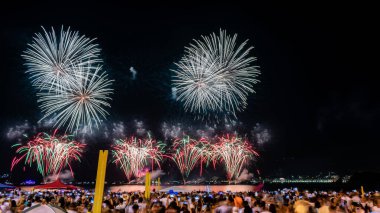 NITEROI, RIO DE JANEIRO, BRAZIL - HAZİRAN 2020: Gökyüzünde yeni yıl havai fişeklerinin patladığı gece görüntüleri. İnsanlar havai fişek kutlamasının ışıklarını ve renklerini izliyor.
