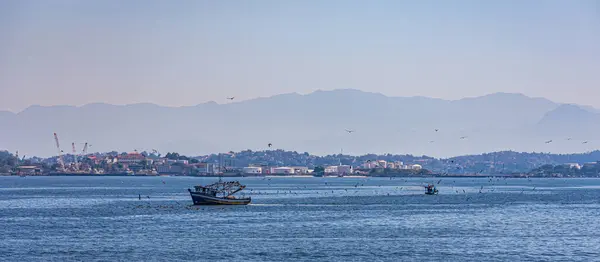 Fischerboot Tagsüber Von Seevögeln Umgeben Der Guanabara Bucht Rio Janeiro — Stockfoto