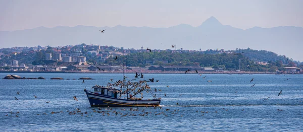 Bateau Pêche Entouré Oiseaux Marins Pendant Journée Dans Baie Guanabara — Photo