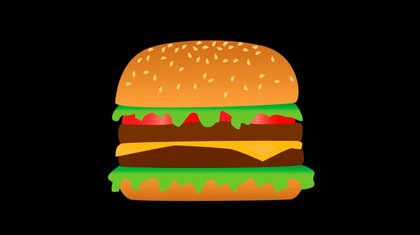 Vektör hamburger ikonu. Siyah arka planda marul domatesli çizburger, soğanlı peynirli biftek. Fast food. Et ve taze organik sebzeler. Lezzetli çizgi film hamburgeri