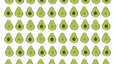 Avokado animasyonlu tatlı bir arka plan. Avokado yarıları beyaz arkaplana yaklaşıyor. Sağlıklı yemek, beslenme, beslenme